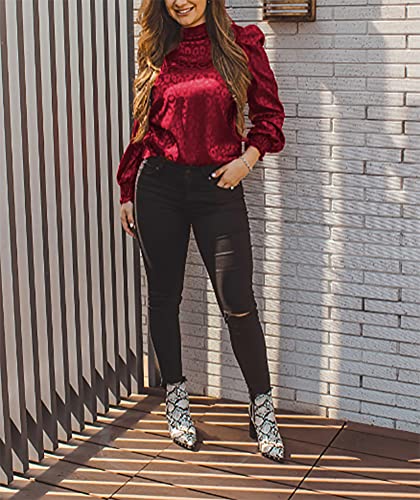 Lyaner Women's Satin Mock Neck Puff Long Sleeve Keyhole Work Blouse Top Wine Red Medium #TOP4