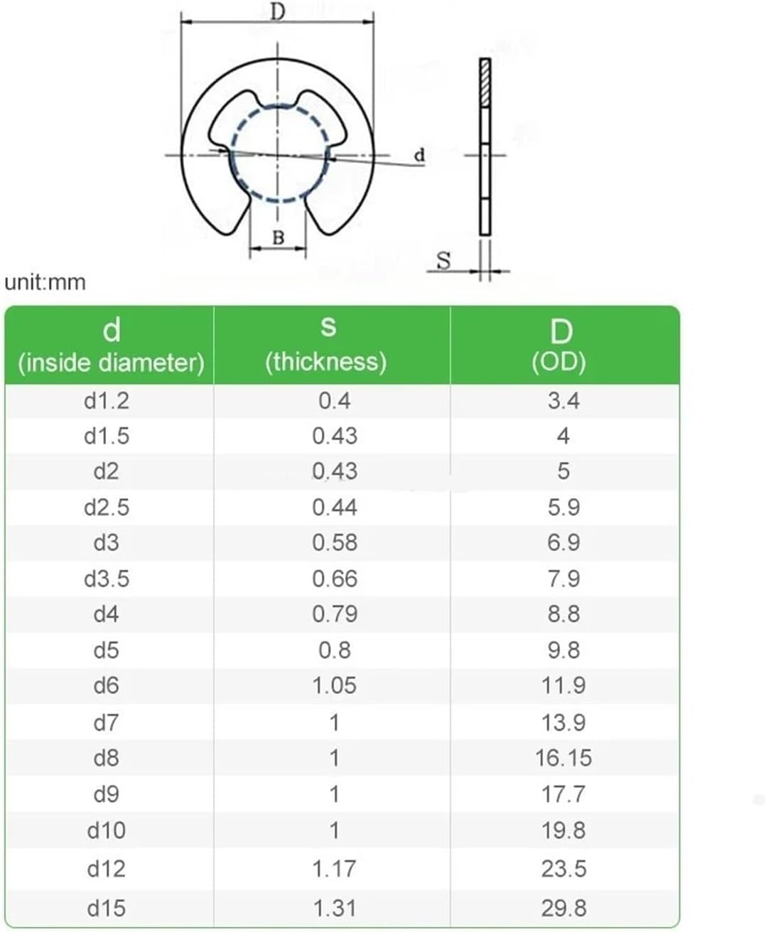 304 Stainless Steel E-Clip Retaining Ring Retaining Washers, M1.2 M1.5 M2 M2.5 M3 M4 M5 M6 M7 M8 M10 Shaft-Fasteners(M7(50pcs))