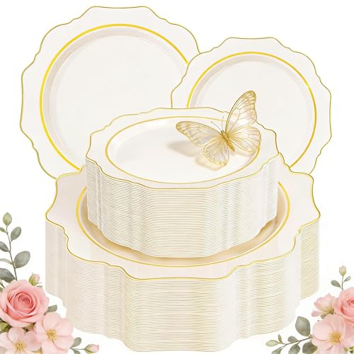 WDF 100PCS Ivory Plastic Plates with Gold Rim - Cream Plastic Plates - Include 50 Dinner & 50 Dessert Fancy Disposable Plate for Party - Heavy Duty Beige Plate for Baby Shower/Wedding