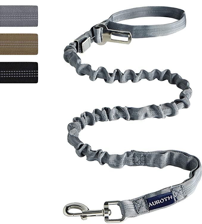 AUROTH Dog Lead for Medium and Large Dogs, Tactical Dog Lead with Padded Handle and Metal Hook, with Tension and Shock Absorption with Belt Lock for Car Seats, 1.8 m, Grey