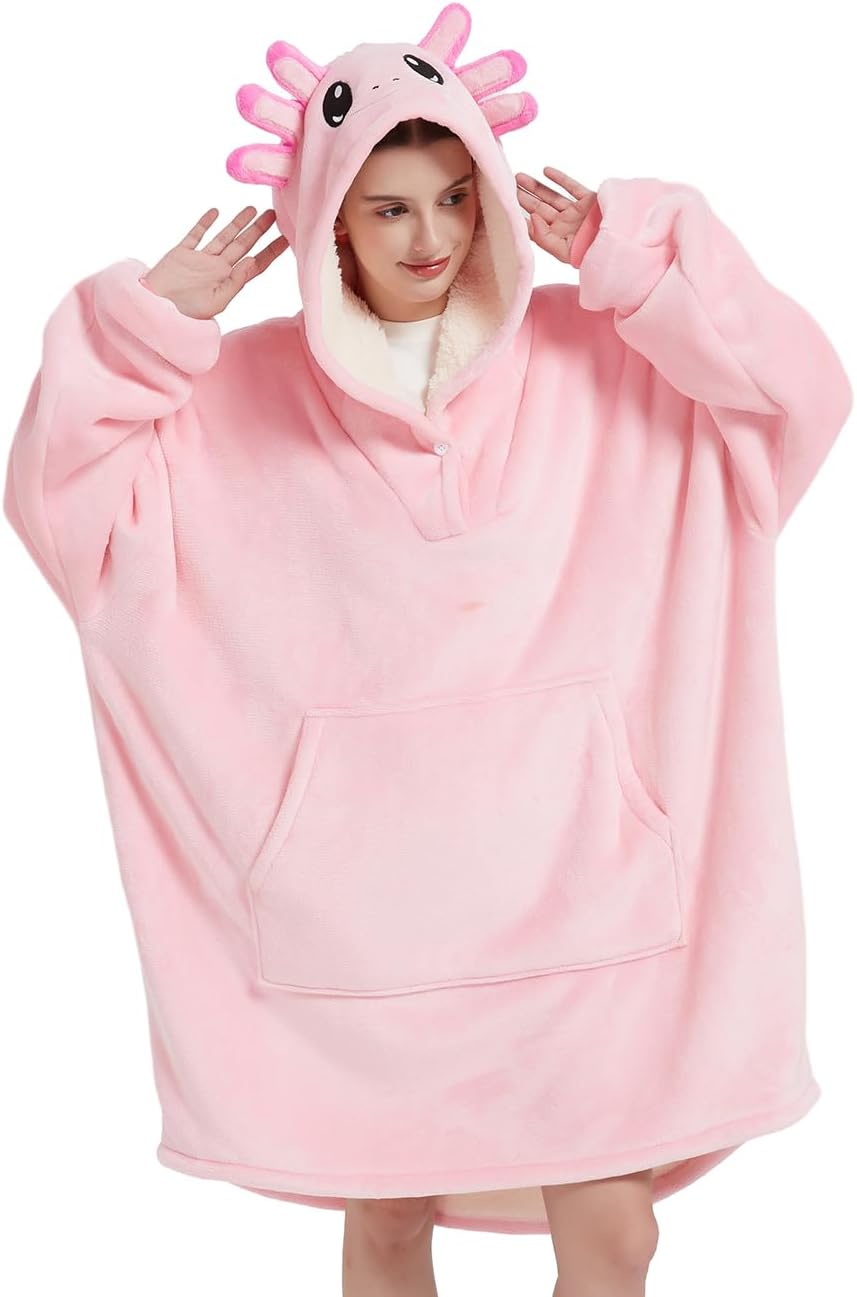NAFLEAP Blanket Hoodie Women Girls Wearable Blanket Adult Oversized Fleece Sherpa Christmas Sweatshirt Gift for Women Kids Adult Pink Salamander