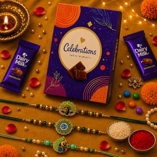 Image of Frostick Rakhi Gift Combo for Brother - Pack of 3 Rakhis, Celebrations Chocolates pack, Roli Chawal & Greeting Card | Raksha Bandhan Hamper for Men Rakhi Set for Bhai