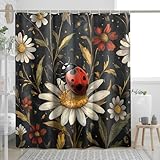 Herbst-Duschvorhang-Set, ästhetisches Marienkäfer-Design, Herbst-Vintage-Barock-Duschvorhang, Retro-Pflanzenblume, Badezimmerzubehör, Polyester-Stoff, Dekoration, 157 x 183 cm