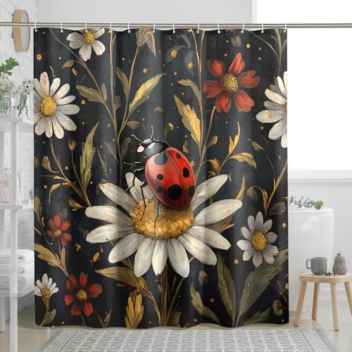 Herbst-Duschvorhang-Set, ästhetisches Marienkäfer-Design, Herbst-Vintage-Barock-Duschvorhang, Retro-Pflanzenblume, Badezimmerzubehör, Polyester-Stoff, Dekoration, 157 x 183 cm