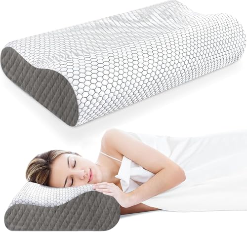 Image of CloudBliss Memory Foam Pillow, Ergonomic Neck Contour Cervical Pillow for Back and Shoulder Pain, Orthopedic Pillow for Neck Pain Relief, for Sleeping Side, Back, Stomach Sleepers - Grey, Standard