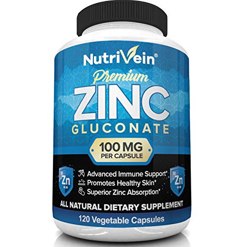 Nutrivein Premium Zinc Gluconate 100Mg - 120 Capsules - Immunity Defense Boosts Immune System & Powerful Antioxidant - Promotes Healthy Skin And Acne Defense - Essential Elements For Absorption #TOP19