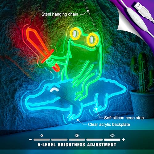 Image of Frog Neon Sign for Wall Decor Cartoon Frog Alligator Knight Crocodile Warrior Anime LED Light for Man Cave Room Home Party Birthday Bar Signs, USB Powered 16.5 X 12.6 inchs