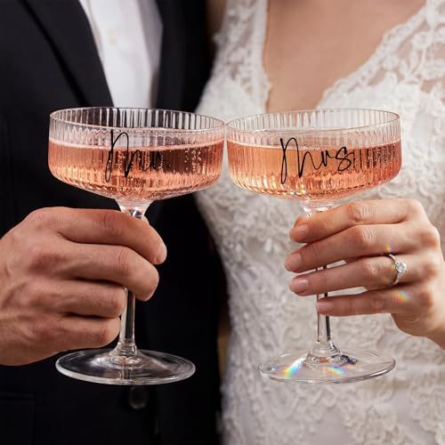 Image of AW BRIDAL Mr and Mrs Martini Champagne Glass, 8.5oz Ribbed Coupe Glass Set