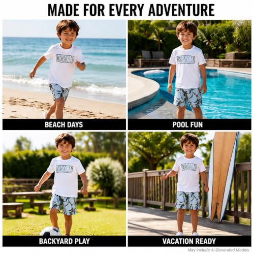 Image of Volcom Baby Boys Swim Set - 2 Piece Short Sleeve Swim Shirt Graphic Tees & Board Shorts - Infant Toddler Little Boys Swimsuit