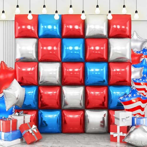 Image of 37Pcs Veteran Day Patriotic Party Decorations,Red White and Blue Square Foil Balloons Wall Decorations with 18 inch American Flag Star Balloons for Veteran Day Party Supplies