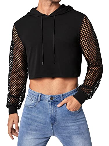 WDIRARA Men's Fishnet Mesh Long Sleeve Drawstring Crop Hoodie Sweatshirt Pullover
