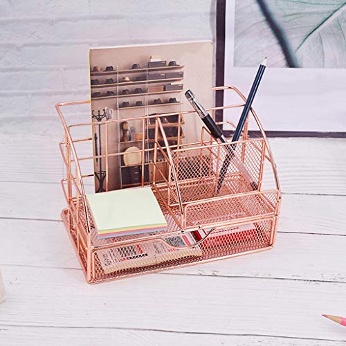 Desk Organizer with Drawer Rose Gold File Tray and 4 Upright Sections Mesh Office Desk Organizers and Accessories Multi-functional Stationary Desktop Storage Organizer for Office Supplies and Desk