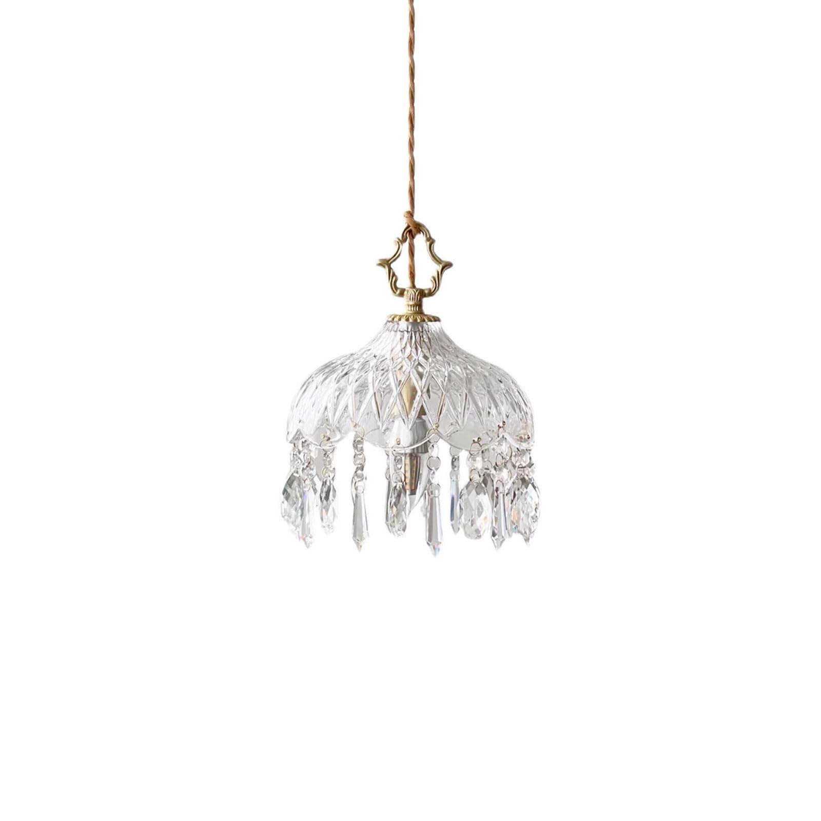 Rszcsmo Multicolor Light Luxury Crystal Relief Pendant Light Retro Brass Lamp Body Hanging Lamp E14 Single-Head Adjustable Chandelier Bedroom Path Bedside Lighting Fixture