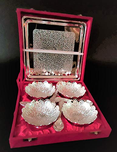Image of Silver Plated Floral Decorative 4 Bowls & Tray with Spoon Set, Packed in Velvet Box, Silver