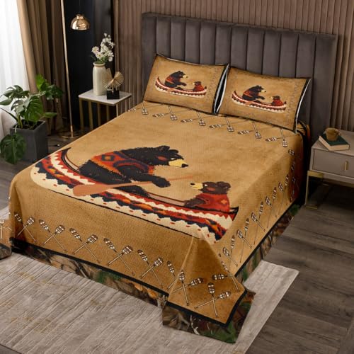 jejeloiu Rustic Bear Bedspread Queen Size Kids Cabin Country Quilted Coverlet for Boys Girls Teens Boating Coverlet Set Clay