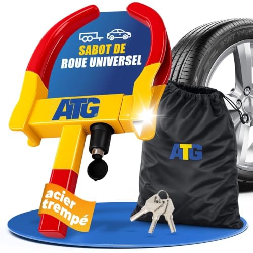ATG Sabot de Roue Voiture & Remorque – Antivol Roue Universel pour Auto, Caravane, Camping-car, Moto – Bloque Roue Sécurité Pneus 18–28 cm