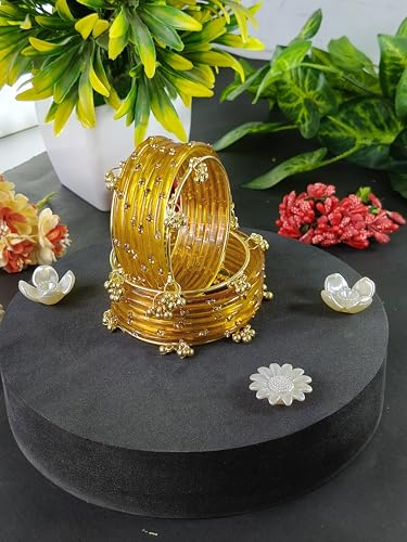 Image of NMII Viral Multi Colour Glass Bangles with Golden Ghungroo Charms & Stone Work For Women & Girls | Fancy Designer Glass Bangle | Traditional Chudi | Kanch Ki Churi | Stylish Ghungroo Bangle For Women