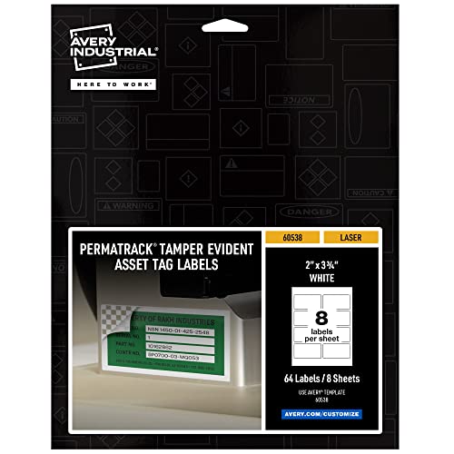 Image of Avery White Asset Tag Labels, 3-3 /4 inch x 2 inch, Tamper-Evident Laser Printable Tags, 64 Waterproof Labels (60538)