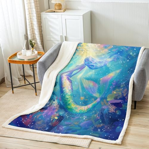 Homewish SGQ1739YDD-MT_TH Mermaid Throw Blanket,Glitter Fish Tail Scale Bed Blanket cover