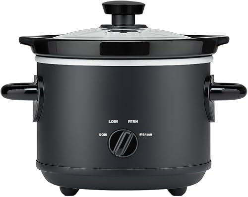 Olla de cocción lenta manual de 2 cuartos de galón con inserto de cerámica extraíble y tapa de vidrio, olla de cocción lenta negra mate, fácil