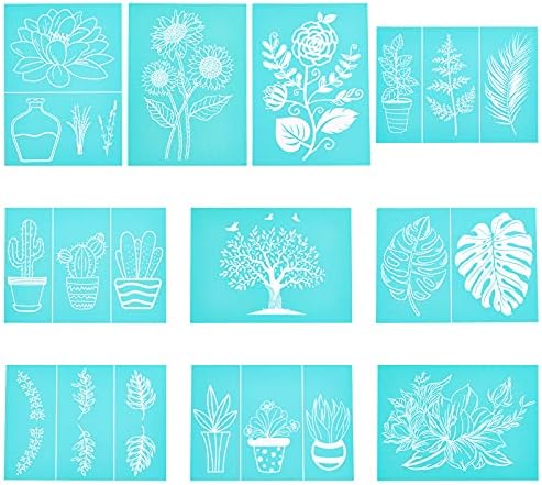 OLYCRAFT 10pcs Self-Adhesive Silk Screen Printing Stencil Plant Theme Reusable Pattern Stencils for Painting on Wood Fabric T-Shirt Wall and Home Decorations