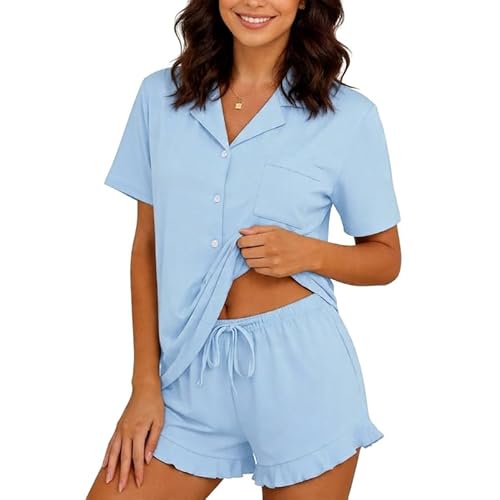 Marvmys Women Short Sleeve Pajamas Set Button Down 2 Piece Pjs Shorts Set Ruffle Lounge Set Sleepwears S-XXL Light Blue X-Large