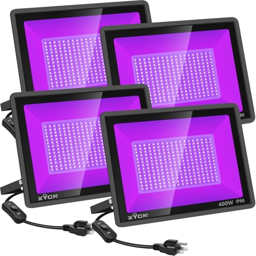 XYCN 4 Pack 400W LED Flood Black Lights,395nm to 405nm UV Outdoor Flood High Power Blacklight Light with Plug in, IP66 Waterproof Large Black Light Spotlight for Glow Party Large Space, Halloween