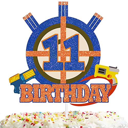 Gun Target Cake Topper Pick for Boys Girls 11th Birthday Dart Bullet War Theme Party Decoration Supplies Gun Shooting Crosshairs Glitter Cake Decor for Cheer to 11 Years Old