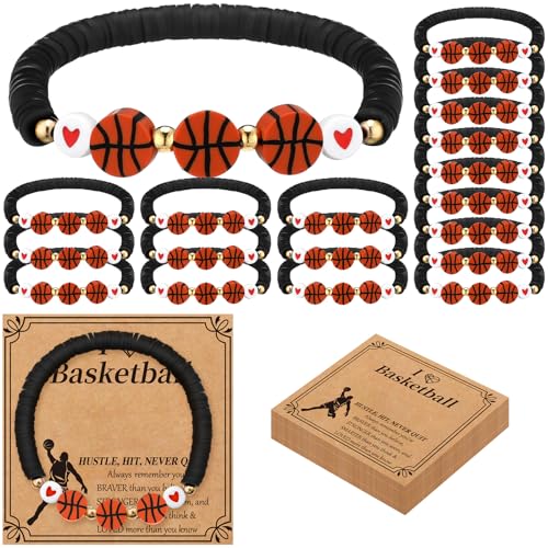 Ecation 20 Set Basketball Bracelets Basketball Gifts Sport Bracelets Team Gift Basketball Bead Bracelet with Inspirational Card for Sport Basketball Team Lovers Players Gifts(Black)