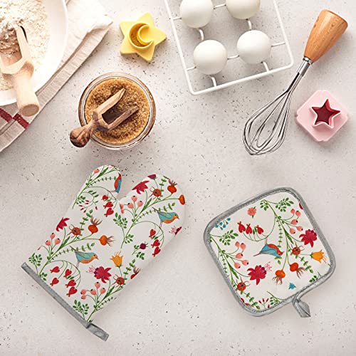 Qchengsan Kitchen Oven Mitts And Pot Holders Sets,The Pioneer Woman Flower Bird Print Oven Gloves And Potholders,Heat-Resistant Oven Gloves And Hot Pads,Pioneer Woman Kitchen Accessories,Gifts For Women thumb #5