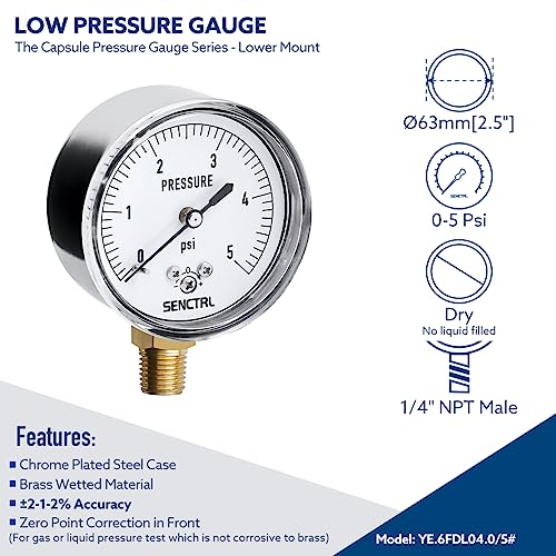 senctrl 0-5 psi low pressure gauge capsule gauge 2-1234 dial size 1434 npt lower mount zero adjustment for air water gas pressure test