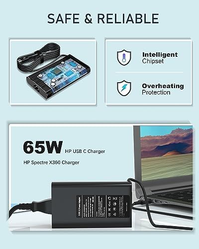 65W HP USB C Laptop Charger, Fit for HP Spectre X360, Chromebook X360, ProBook X360, Pavilion x2, Envy X360, HP Elitebook X360 830 840 1030 1020 1040 Type C Laptop Adapter