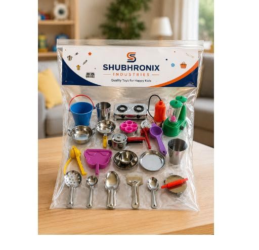 Image of Shubhronix Kids Kitchen Pretend Play Set, Stainless Steel Utensils with Gas Stove and Mixer, for Ages 3+