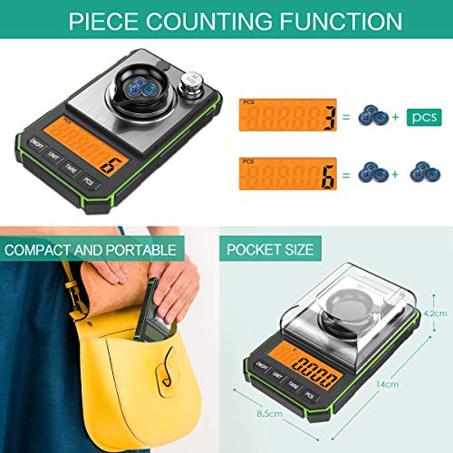 ORIA Digitale Zakweegschaal, 50g/0,001g Mini Precisie Weegschaal, met kalibratiegewicht van 50g en Elektrostatische Pincet, LCD-scherm met achtergrondverlichting (Inclusief Batterij) - Groente - Image 6