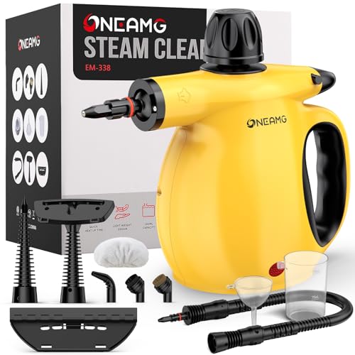 OneAmg Limpiador a Vapor Portátil,Limpiador de Tapicerias con10 Accesorios,Limpiador a Vapor con Bloqueo de Seguridad&450ml Calentamiento Rápido 3-5 Minutos para Casa Coche, Accesorios Steam Cleaner