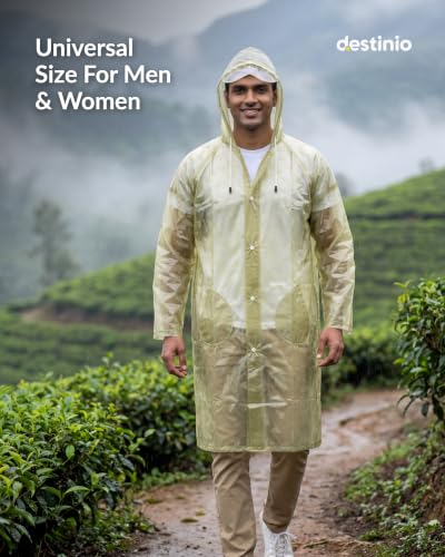 Image of Destinio Poncho for Men, Poncho for Women-Thick Waterproof PVC, Rain Coat, Reusable - Transparent Pocket Raincoat with Hood, Full Cover for Bag in Travel, Trekking, Bike Riders