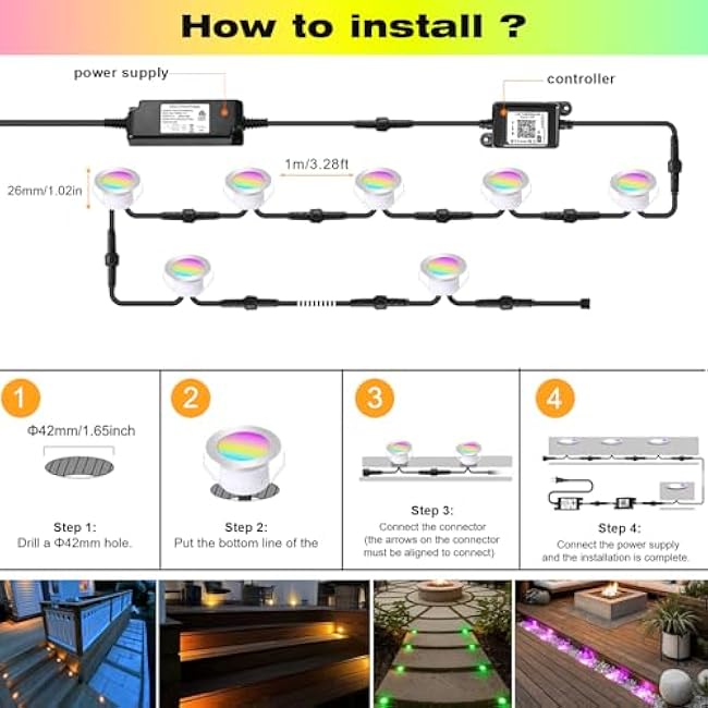 FVTLED Recessed RGB Deck Lights Kit, 10pcs ¦µ2.4 WiFi Controller Low Voltage LED Deck Lighting Work with Alexa Google Home, Waterproof Outdoor LED Step Stair Lights for Garden Yard Path Stairs
