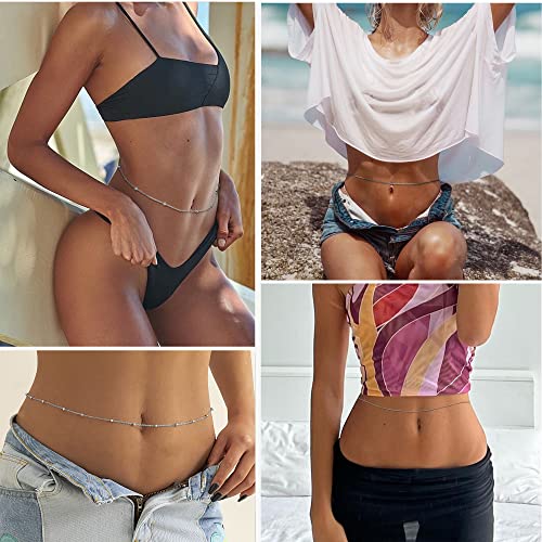 Fibo Steel 4Pcs 18K Gold Plated Waist Chains Bikini Belly Chain For Women Stainless Steel Minimalist Bikini Body Chain Jewelry For Summer Beach Adjustable Silver Tone #TOP4