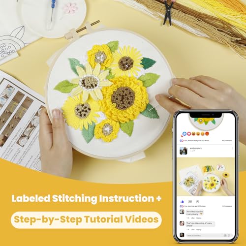Image of HTVRONT 3D Sunflower Embroidery Kit for Beginners | Step-by-Step Video Tutorials, Simple 5 Stitches, Includes Multiple Accessories, for Adult Crafts