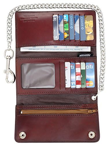 Image of RFID Blocking Men's Tri-fold Vintage Long Style cow Leather With Chain card holder Wallet,MADE IN USA