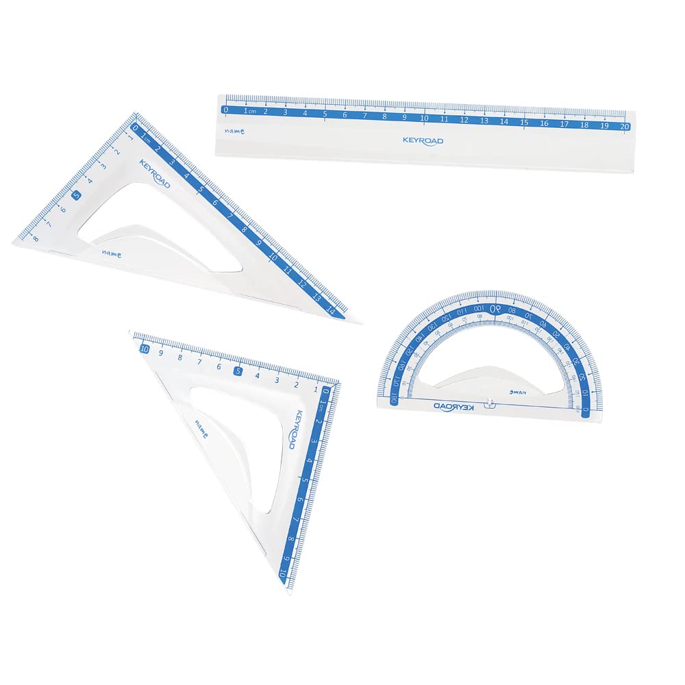 School Rule Set - 20 cm Ruler - 45° Square - 60° Square - 180° Angle Protractor - Heavy Duty Plastic Material - Keyroad