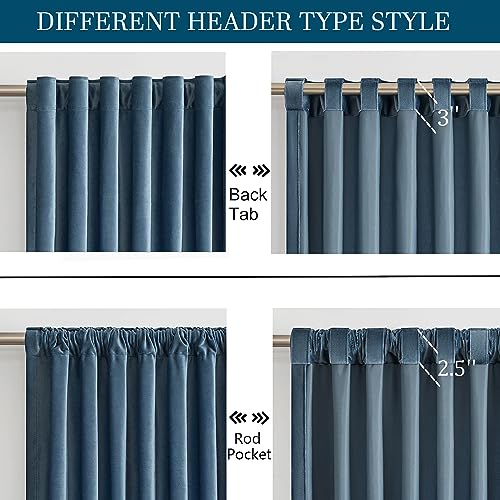 Image of PRIMROSE Velvet Curtains 102 inch Long for Living Room,Set of 2 Panels Stone Grayish Blue Blackout Rod Pocket Back Tab Window Treatment Room Darkening Heavy Decorative Curtains Drapes for Bedroom