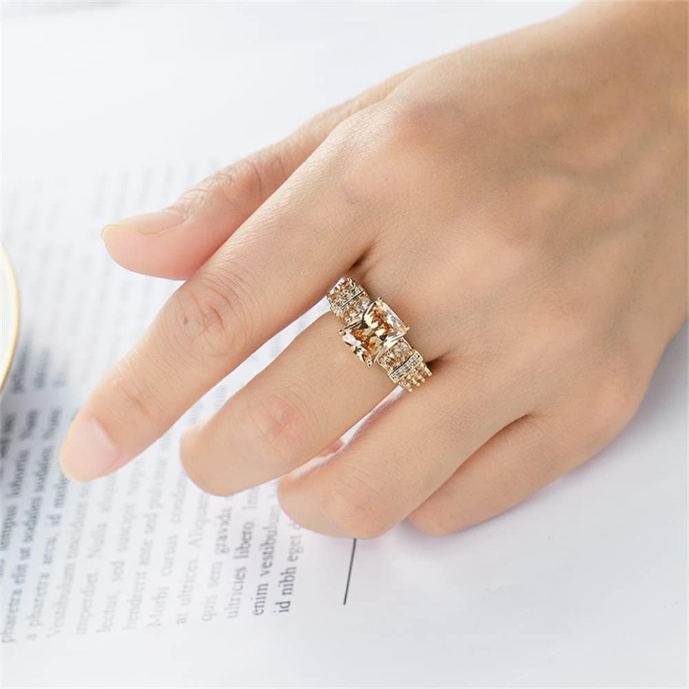 14k Yellow Gold Plated Shiny Full Diamond Princess Square Cut Champagne Ring AAA Cubic Zirconia Fashion Morganite Crystal Eternity Engagement Wedding Band Ring for Women ST.495 (6) - Image 5