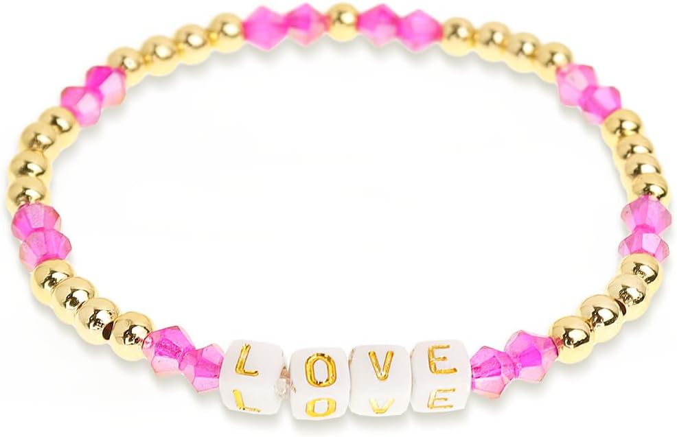 Inspired Gold Beaded Stretch Bracelets for Women Cute Lover Letter Crystal Pink Beads Bracelet