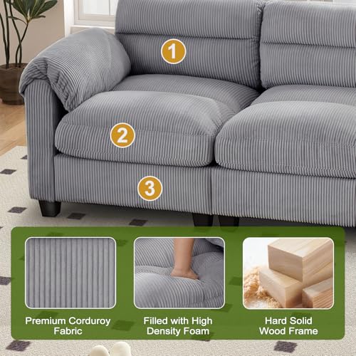 HAOMARKETS Corduroy Sofa Set, Upholstered Armchair, Loveseat, and 3-Seater Couch with Plush Cushions and Rolled Arms, Modern Living Room Furniture Sets,Grey - Thumbnail 4