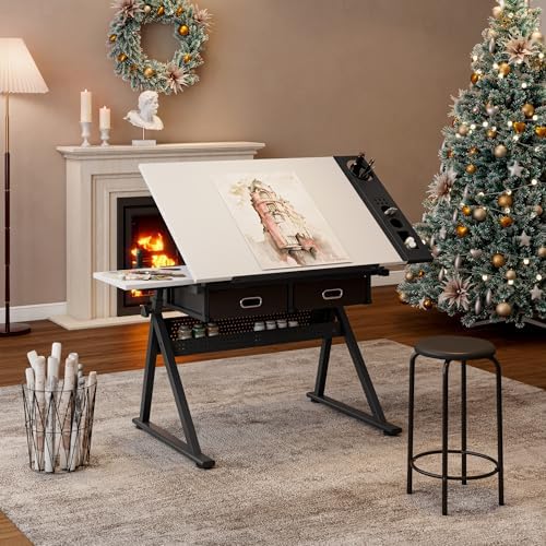 Adjustable Drafting Table Desk with 2 Storage Drawers & Stool - Ideal for Home Office, School, Art & Design Projects - Modern White Finish