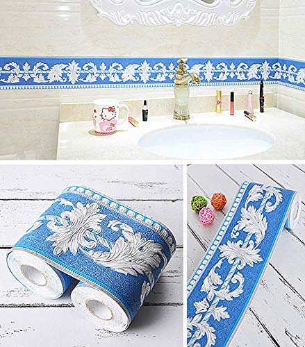 Upredo 3D Decorative Floral Molding Wallpaper Border Peel Stick Waterproof Wall Ceiling Border For Bathroom Kitchen Backsplash Tiles Sticker,4 Inch By 16.4Ft (Blue) #TOP4