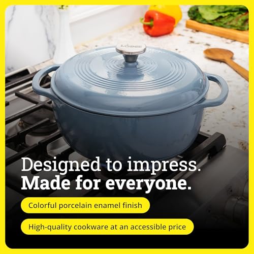 Image of Lodge 3 Quart Enameled Cast Iron Dutch Oven with Lid - Dual Handles - Oven Safe up to 500 F or on Stovetop - Use to Marinate, Cook, Bake, Refrigerate and Serve - Storm Blue
