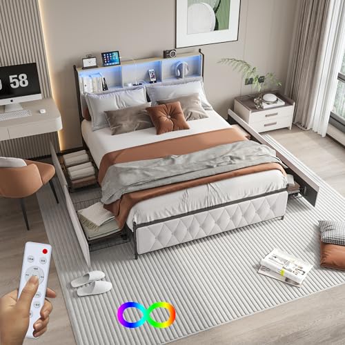 Bett mit Schublade, 180 x 200 cm, Doppelbett, gepolstert, mit 4 Schubladen, Bett, Truhe mit LED und USB-Aufladung, Bettgestell mit Kopfteil für Erwachsene Jugendliche, Samt, Beige – Bild 4