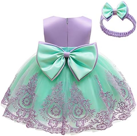 Baby Girls Embroidery Lace Dresses Toddler Ruffles Infant Easter Tutu Dress with Headwear (Purple+Green,70)